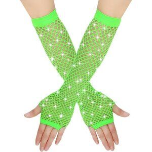 Women's Rhinestones Green Fingerless Fishnet Mesh Long Gloves Party Cosplay